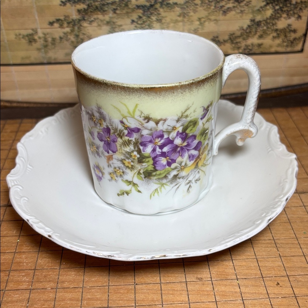 Purple and Yellow Flowers Cup Gold Trim Rim w Green Border w White Saucer